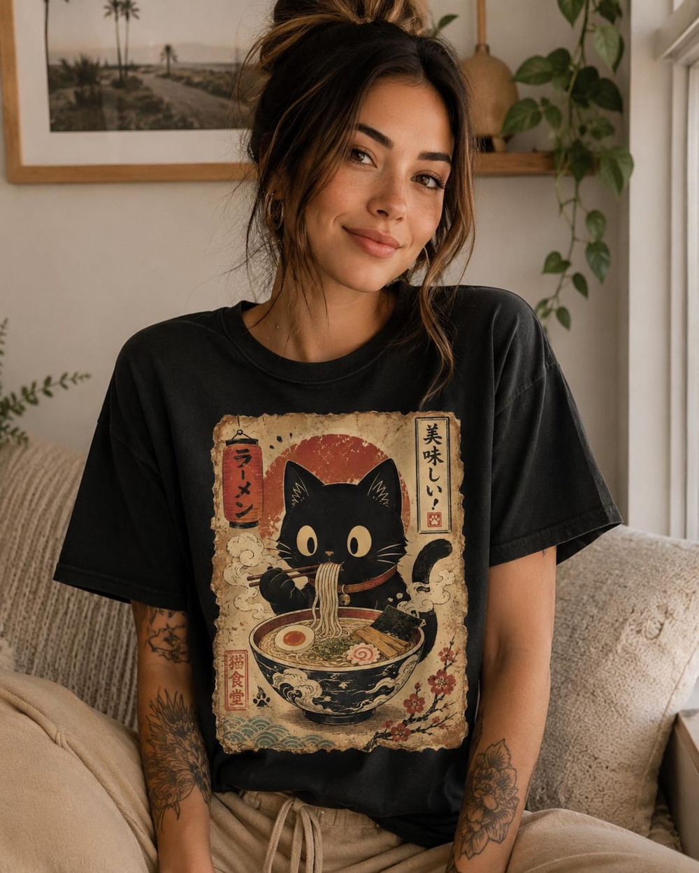 Ramen Cat Shirt, Cute Black Cat Noodles Tee